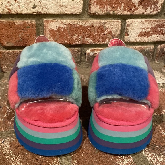 NWOT UGG Pastel Disco Checkered Slide Rainbow Blue Platforms - Picture 3 of 6